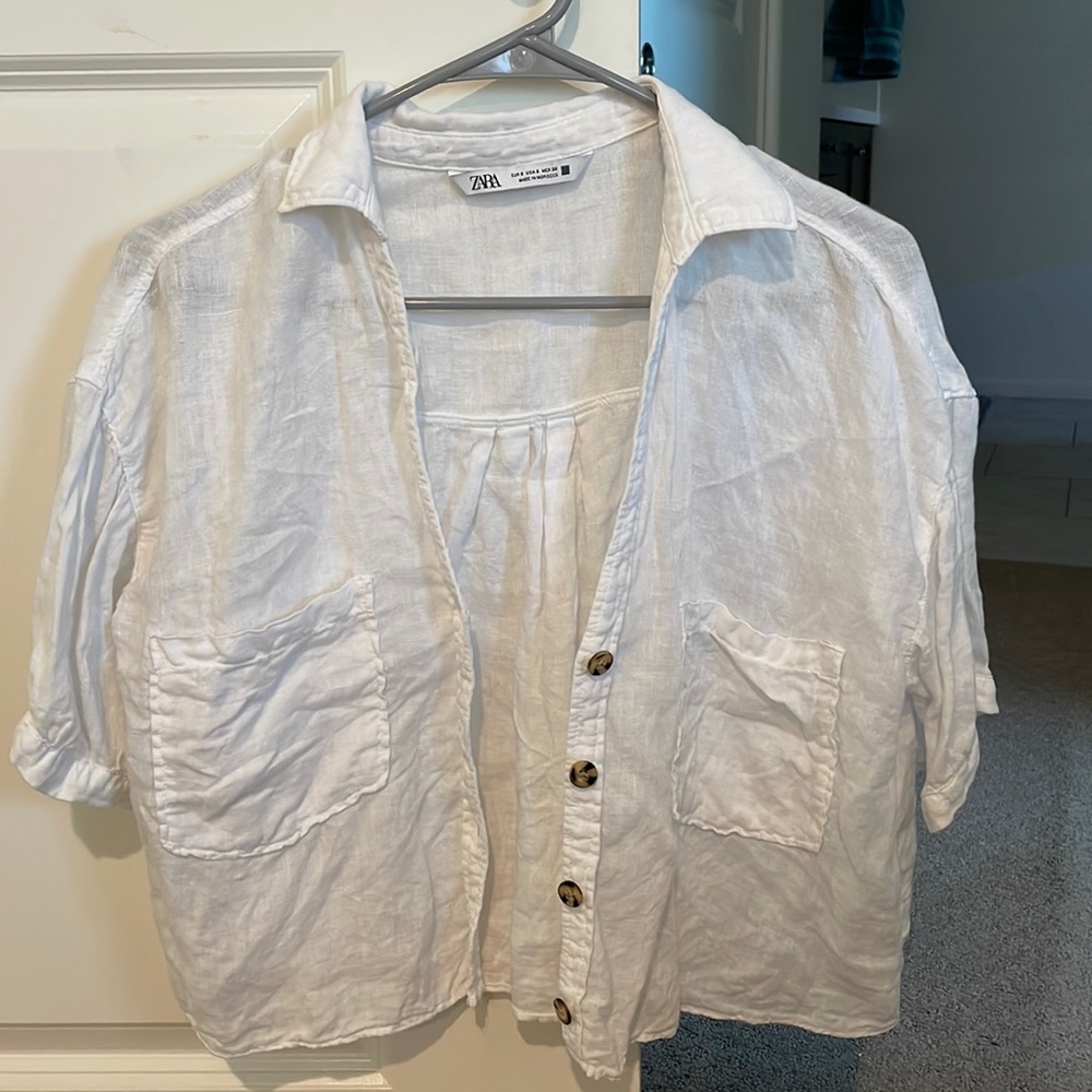 100% linen white crop short sleeve button up
